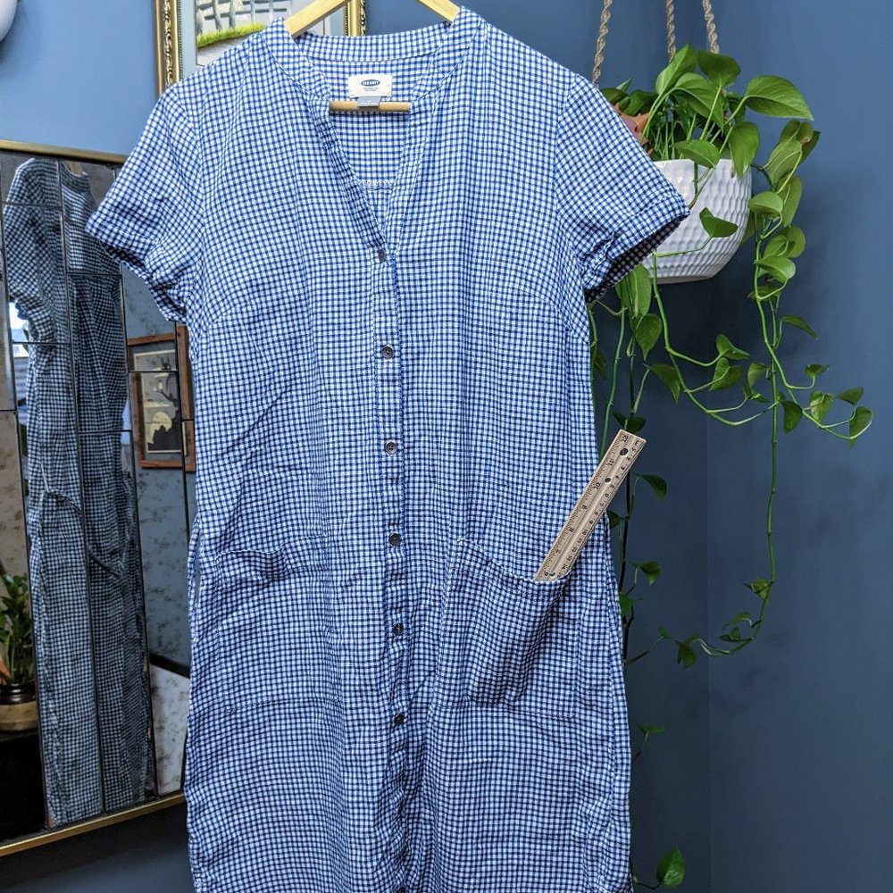 Old Navy Blue and White Gingham Shirt Dress with Pockets 100% Cotton